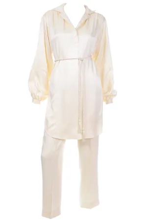 1970s Cream 2pc Tunic Blouse & Pants Ensemble with Belt