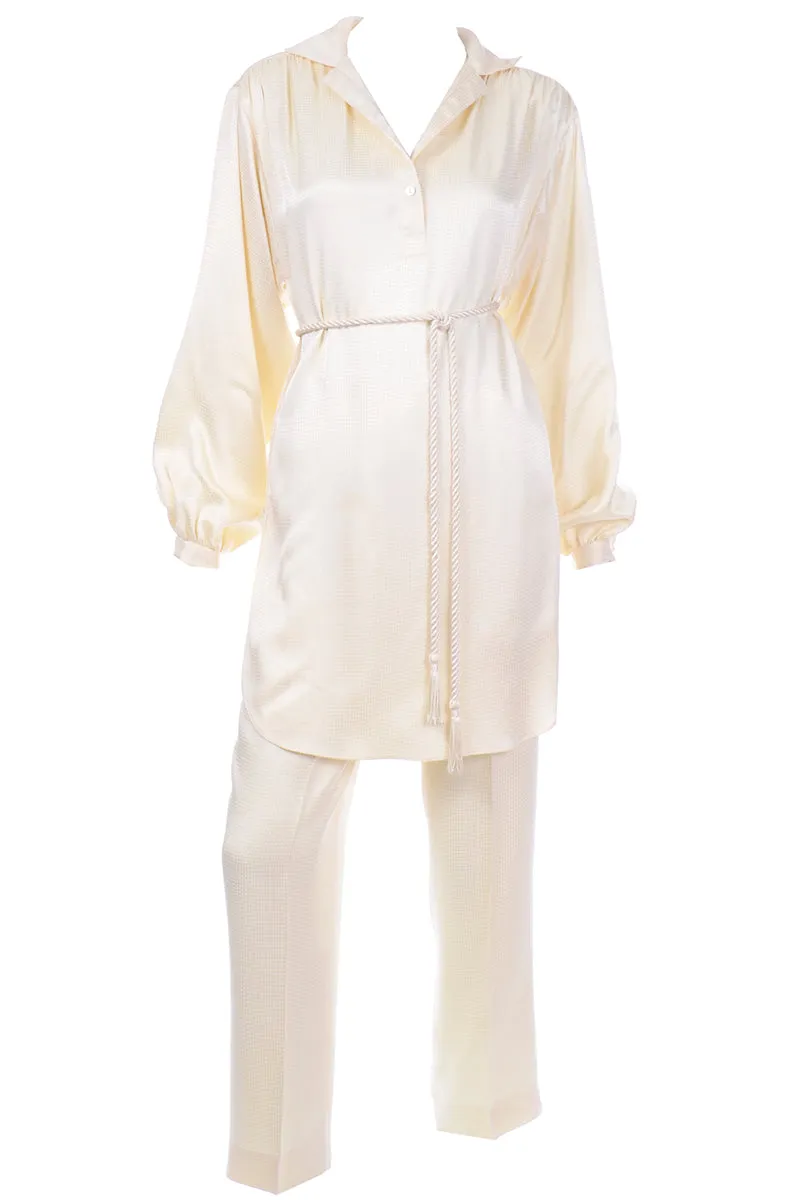 1970s Cream 2pc Tunic Blouse & Pants Ensemble with Belt
