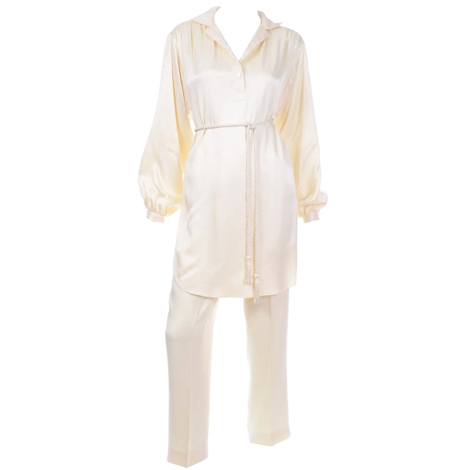 1970s Cream 2pc Tunic Blouse & Pants Ensemble with Belt
