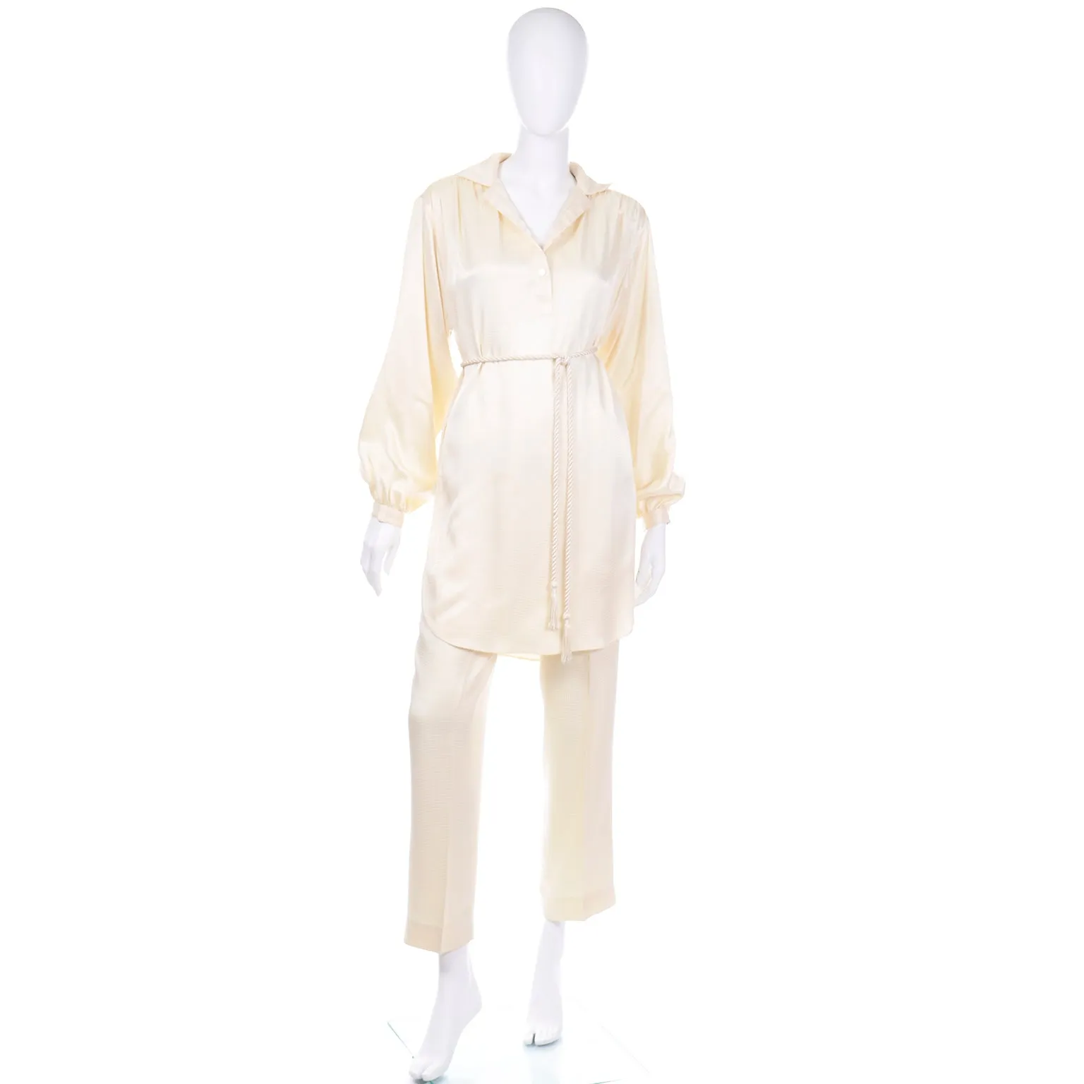 1970s Cream 2pc Tunic Blouse & Pants Ensemble with Belt