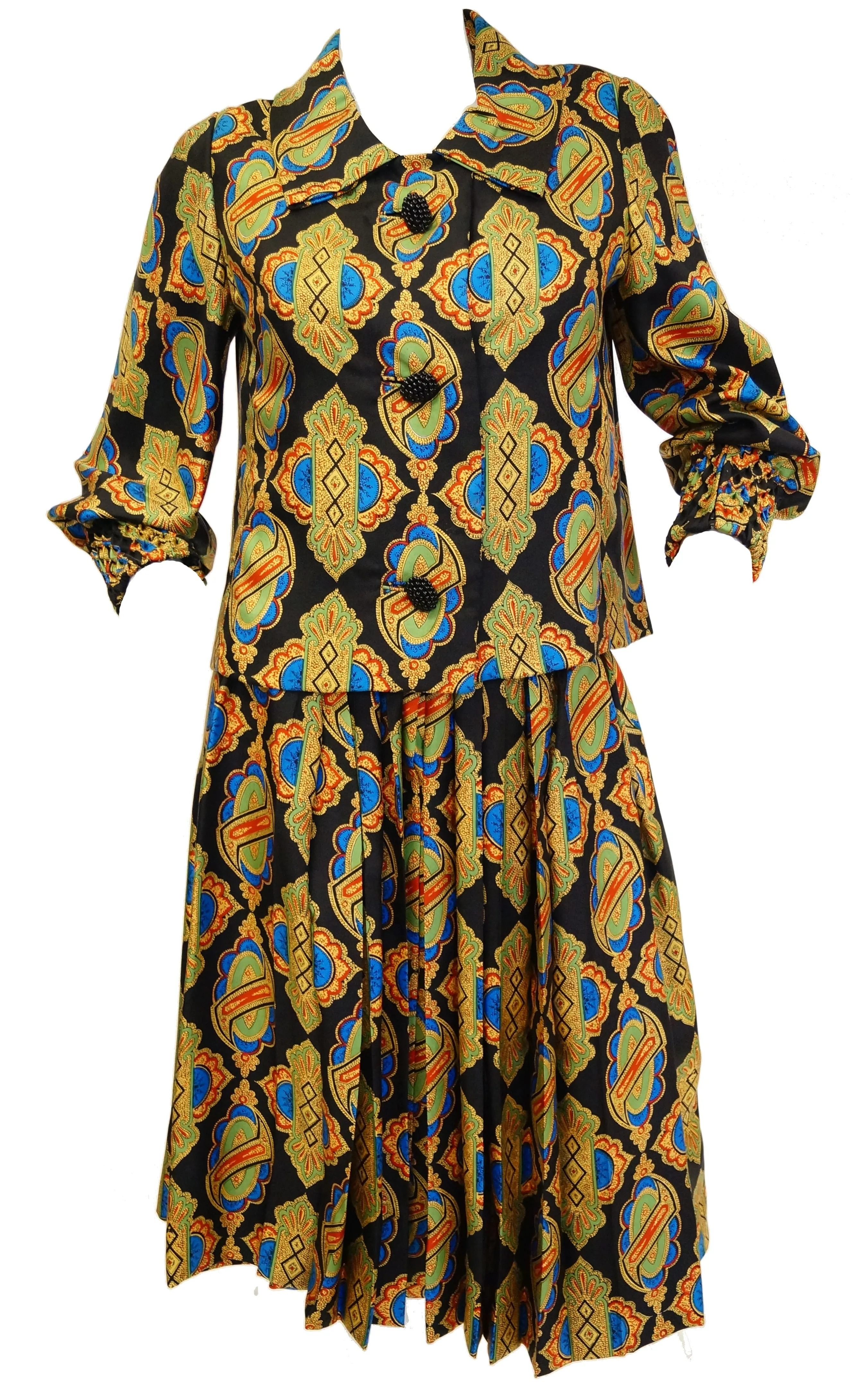 1970s Galanos Venetian Print Silk Skirt Suit