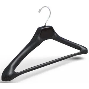 19" Black Plastic Concave Suit Hanger with Extra Wide Shoulders, Attached Pant Bar