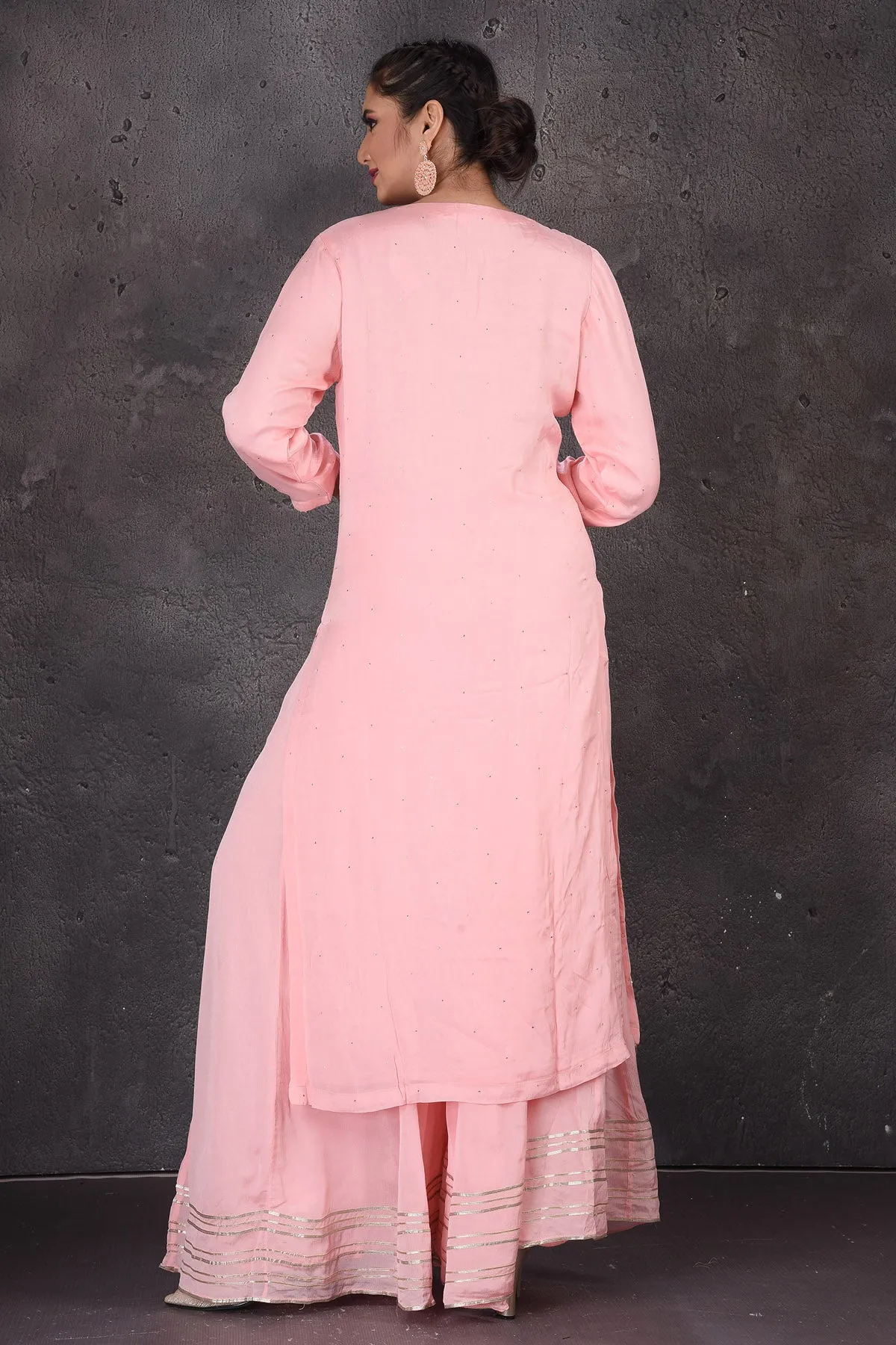 502893 Pastel Pink Gota Work Palazzo Suit with Green Dupatta