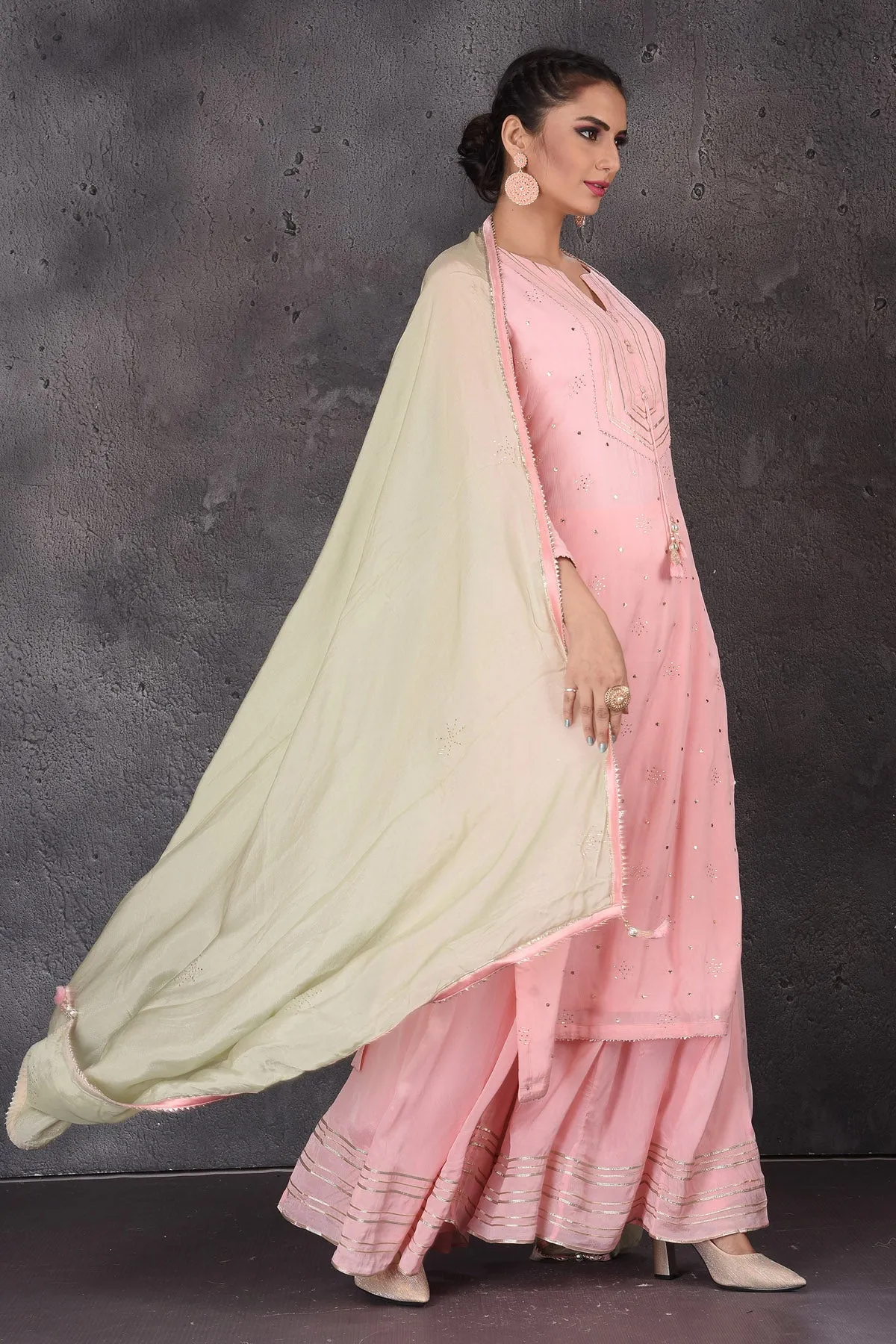 502893 Pastel Pink Gota Work Palazzo Suit with Green Dupatta
