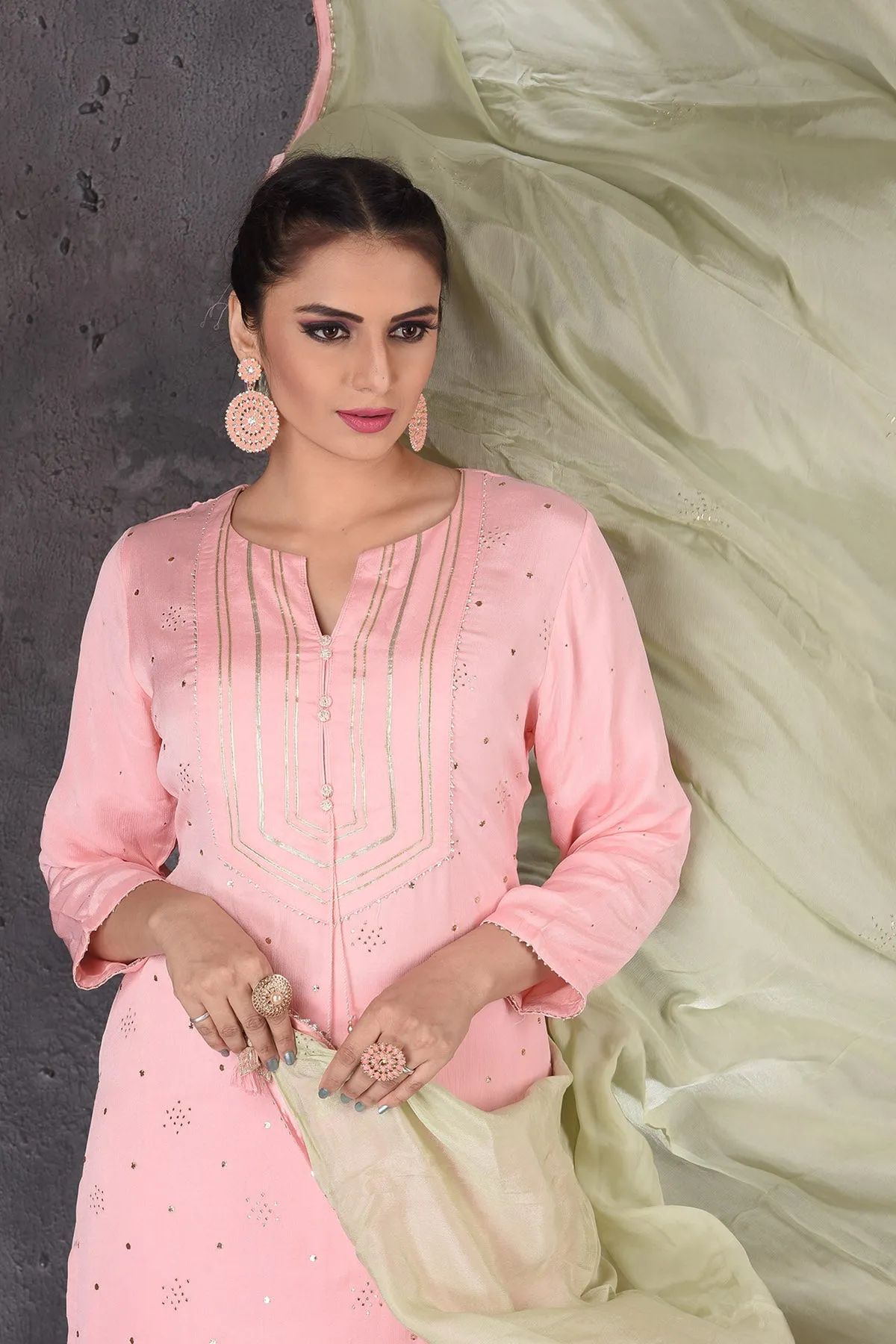 502893 Pastel Pink Gota Work Palazzo Suit with Green Dupatta