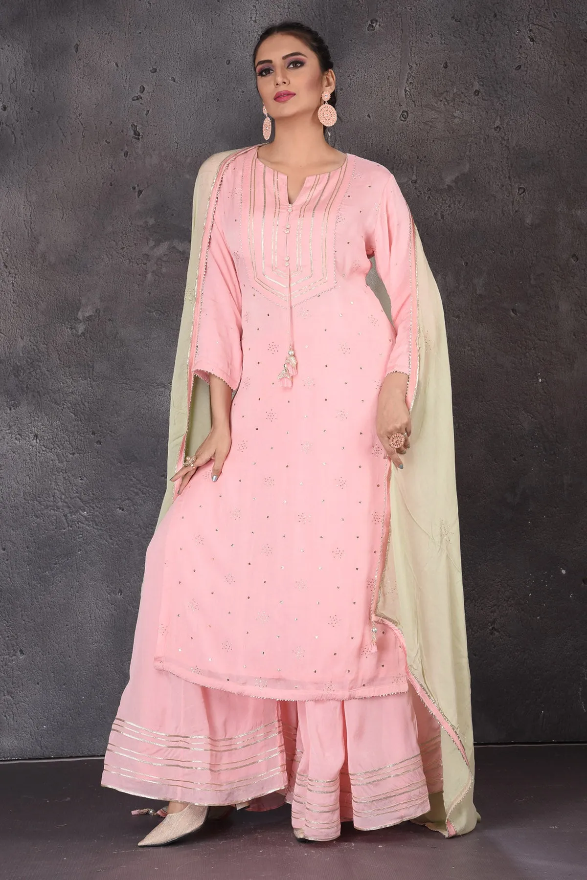 502893 Pastel Pink Gota Work Palazzo Suit with Green Dupatta