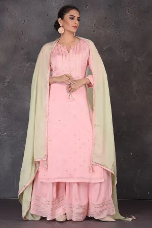 502893 Pastel Pink Gota Work Palazzo Suit with Green Dupatta