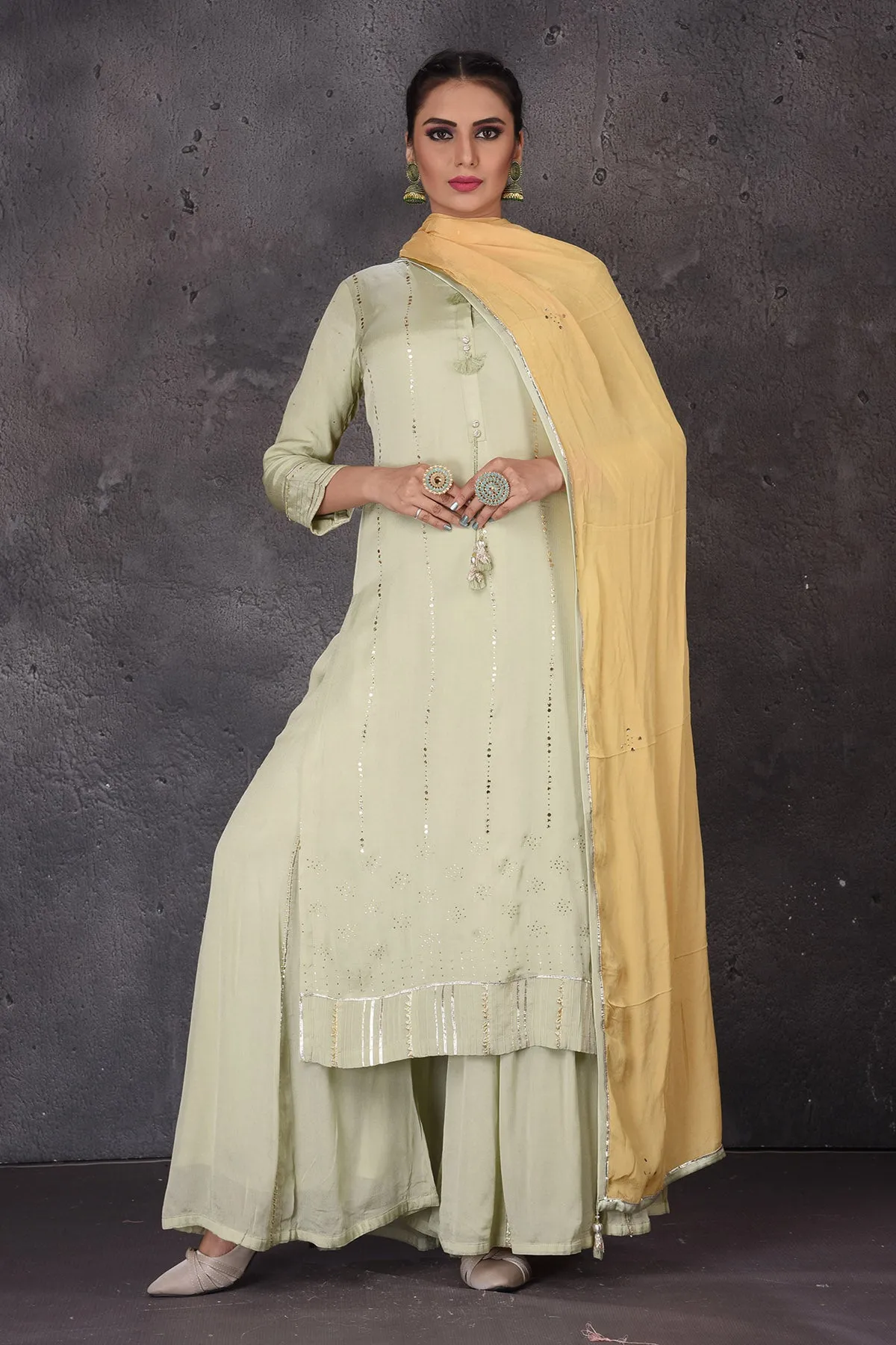 502894 Pista Green Embellished Palazzo Suit with Yellow Dupatta