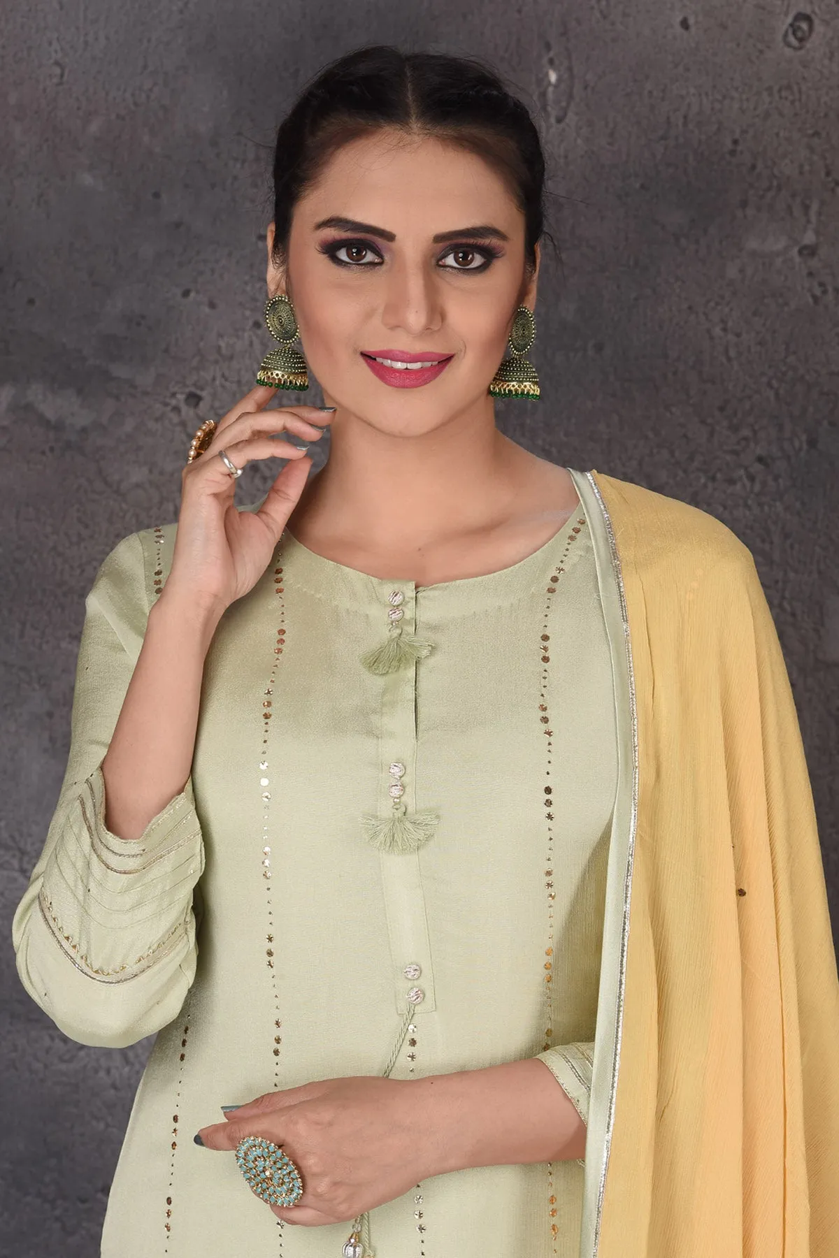 502894 Pista Green Embellished Palazzo Suit with Yellow Dupatta