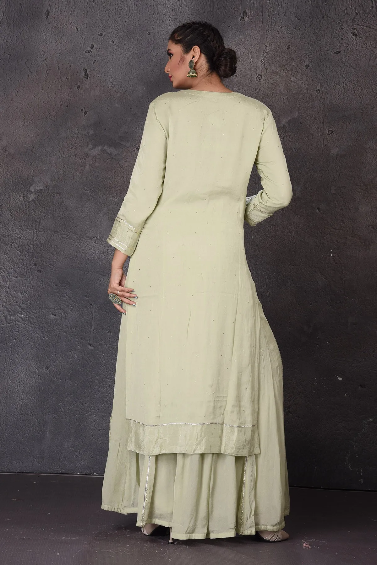 502894 Pista Green Embellished Palazzo Suit with Yellow Dupatta