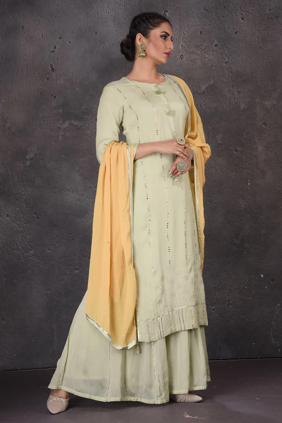 502894 Pista Green Embellished Palazzo Suit with Yellow Dupatta