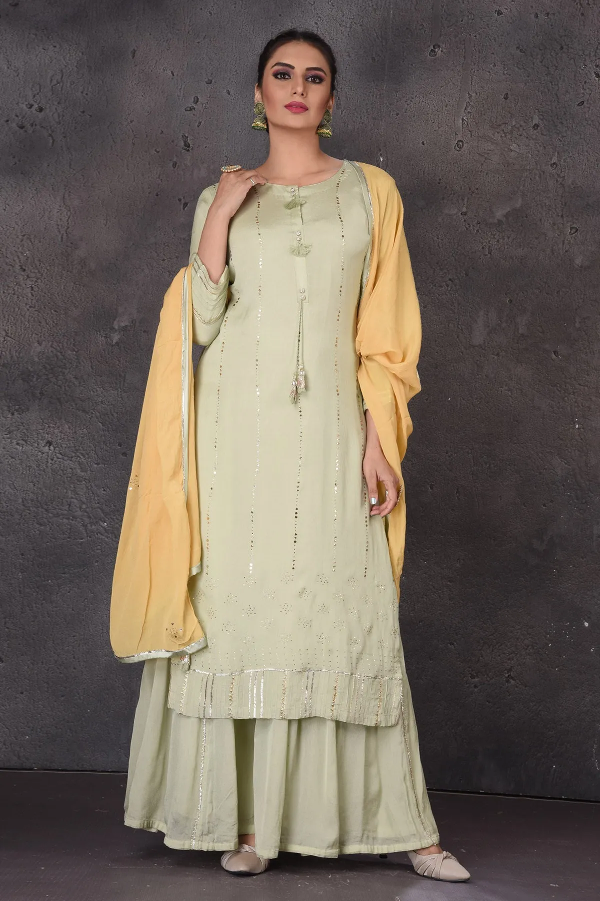 502894 Pista Green Embellished Palazzo Suit with Yellow Dupatta