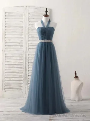 A-Line Gray Blue Tulle Long Bridesmaid Dress Floor-Length Beading Prom Dress Elegant