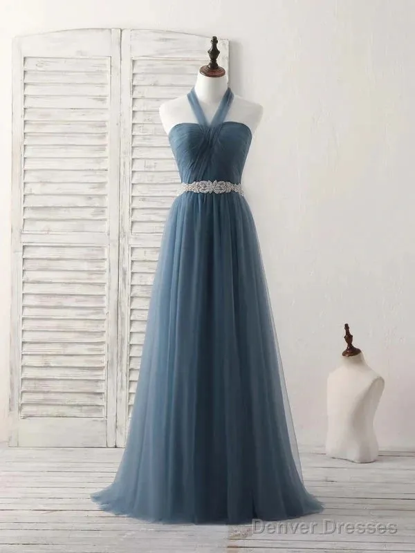 A-Line Gray Blue Tulle Long Bridesmaid Dress Floor-Length Beading Prom Dress Elegant