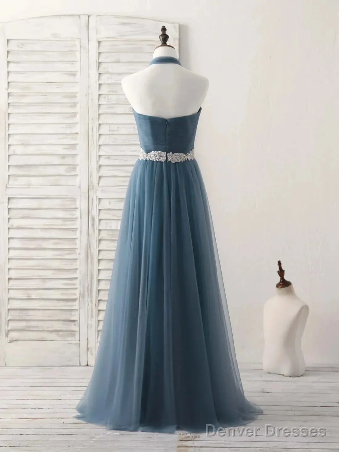 A-Line Gray Blue Tulle Long Bridesmaid Dress Floor-Length Beading Prom Dress Elegant
