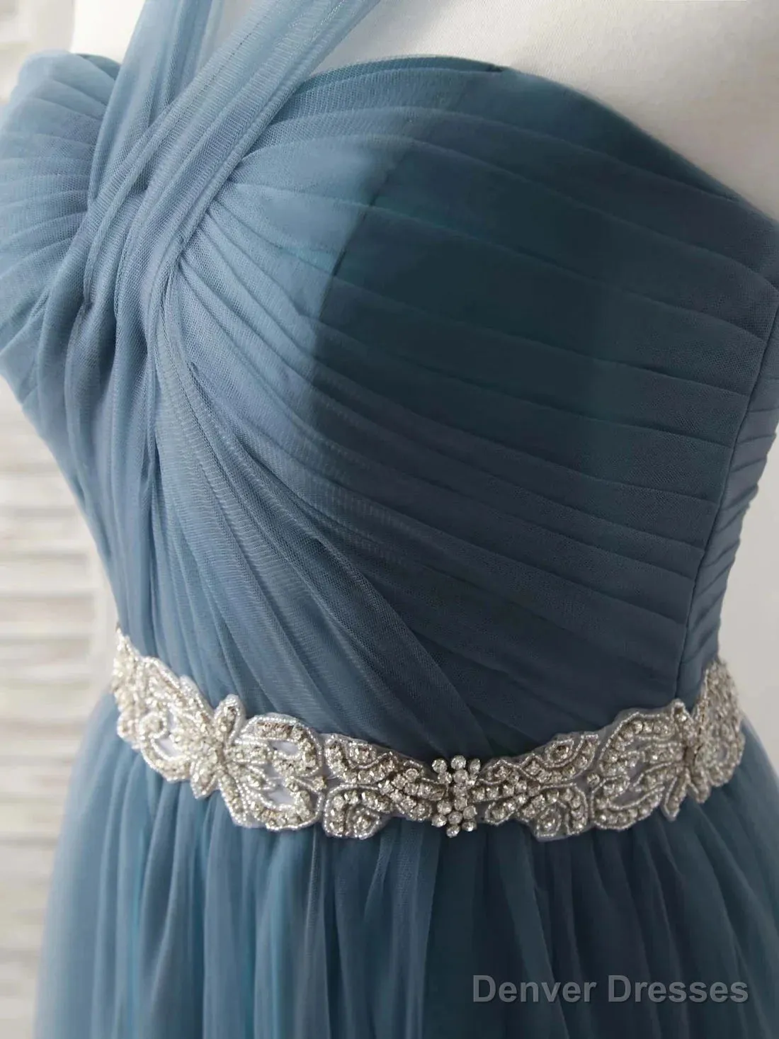 A-Line Gray Blue Tulle Long Bridesmaid Dress Floor-Length Beading Prom Dress Elegant
