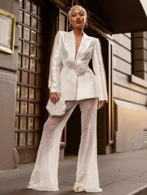 Beaded Pearls Blazer Mesh sequin Trousers Suits