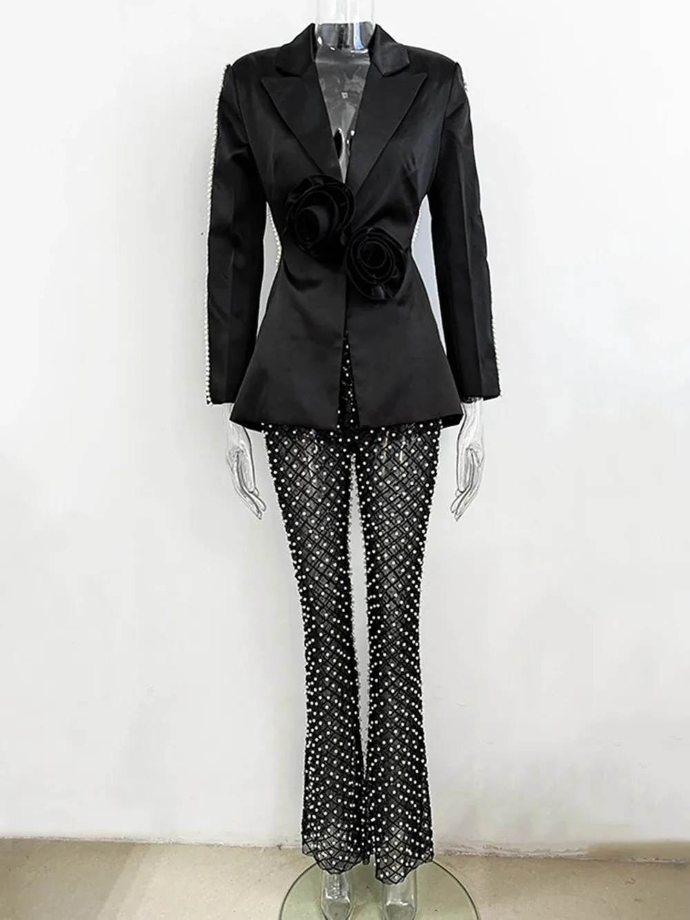 Beaded Pearls Blazer Mesh sequin Trousers Suits