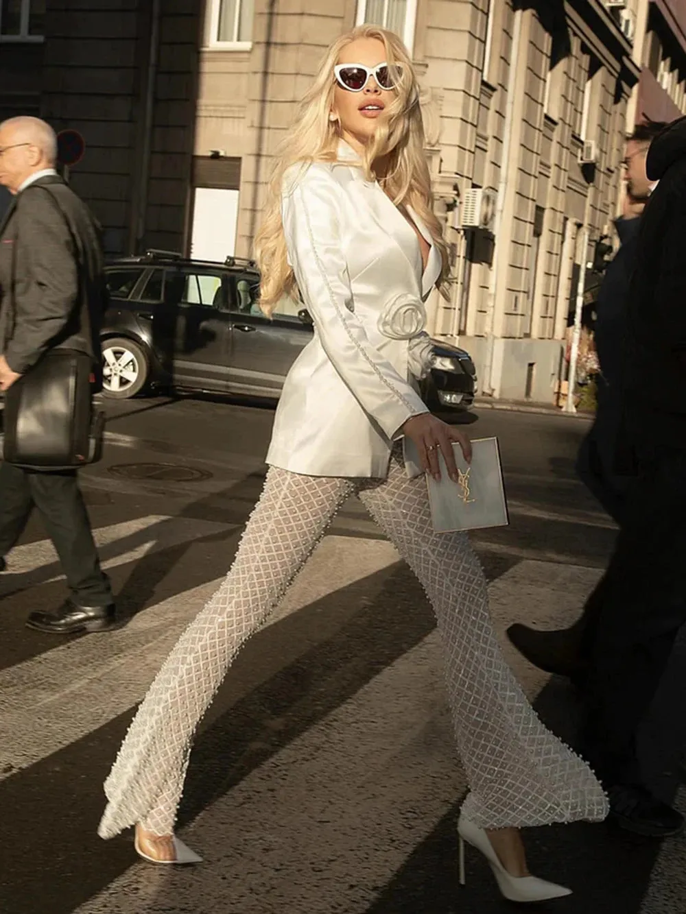Beaded Pearls Blazer Mesh sequin Trousers Suits