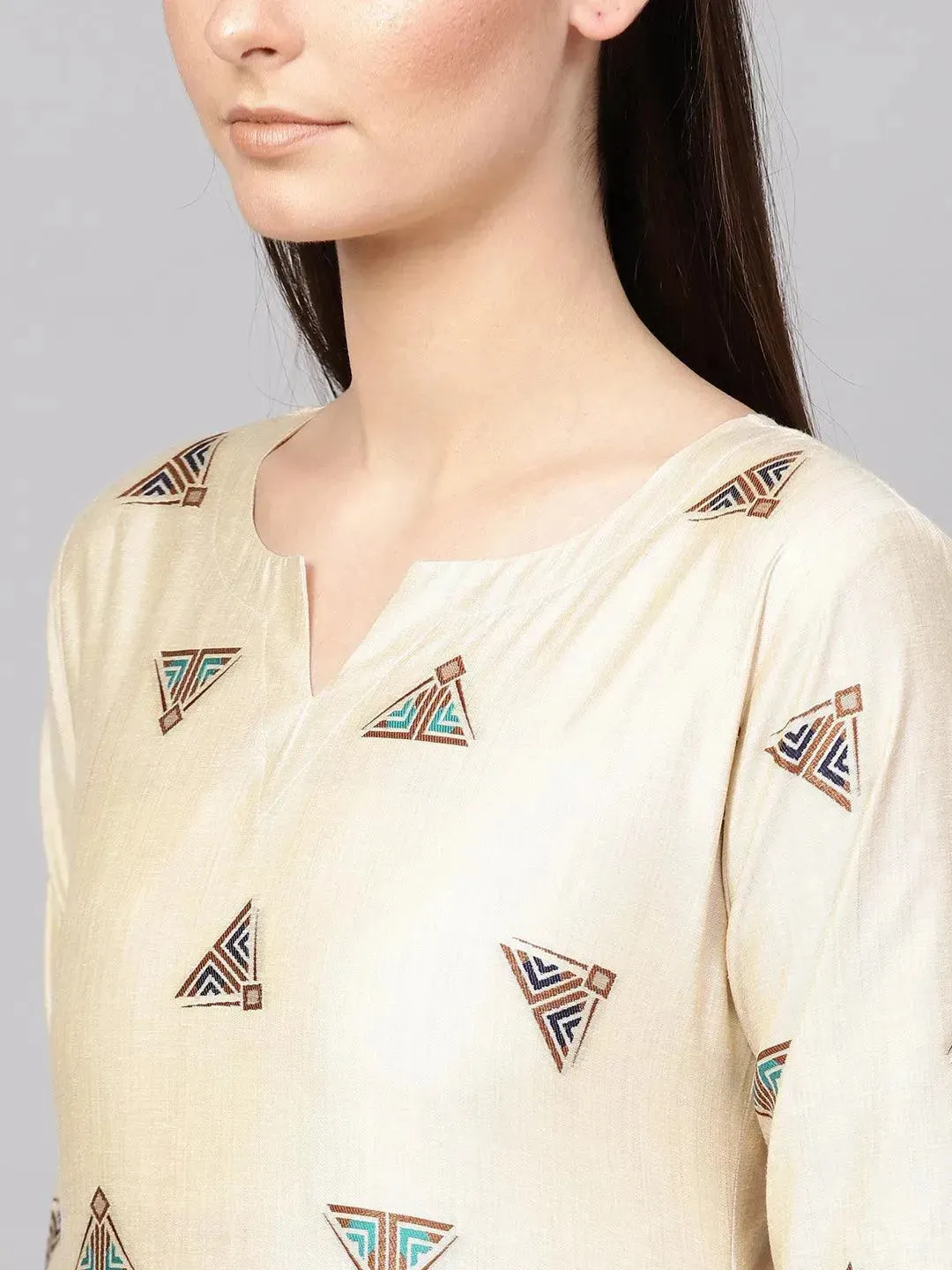 Beige Embroidered Polyester Straight Kurta With Palazzos