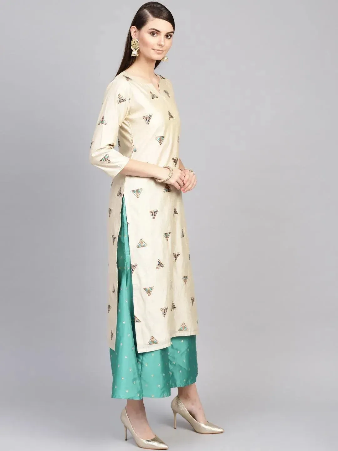 Beige Embroidered Polyester Straight Kurta With Palazzos