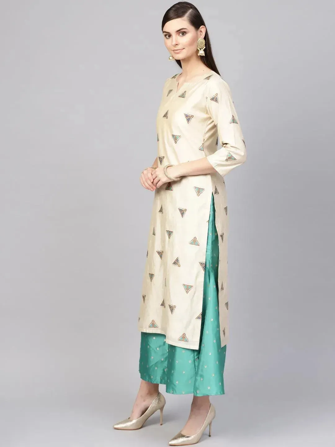 Beige Embroidered Polyester Straight Kurta With Palazzos