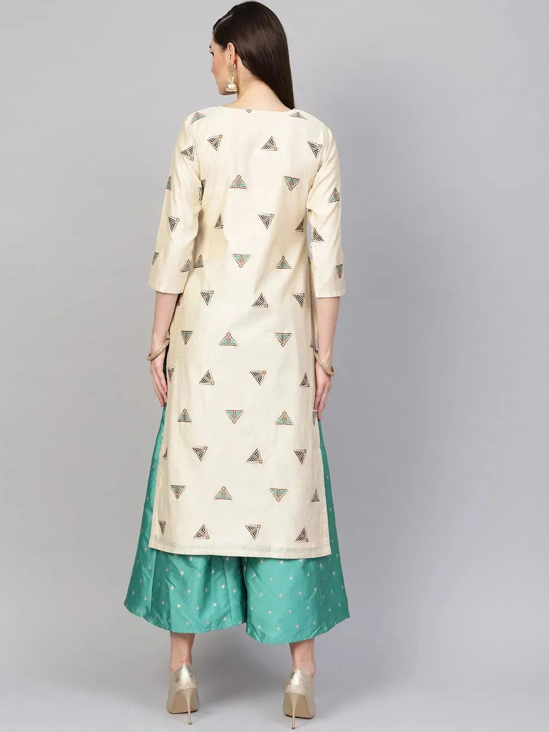 Beige Embroidered Polyester Straight Kurta With Palazzos