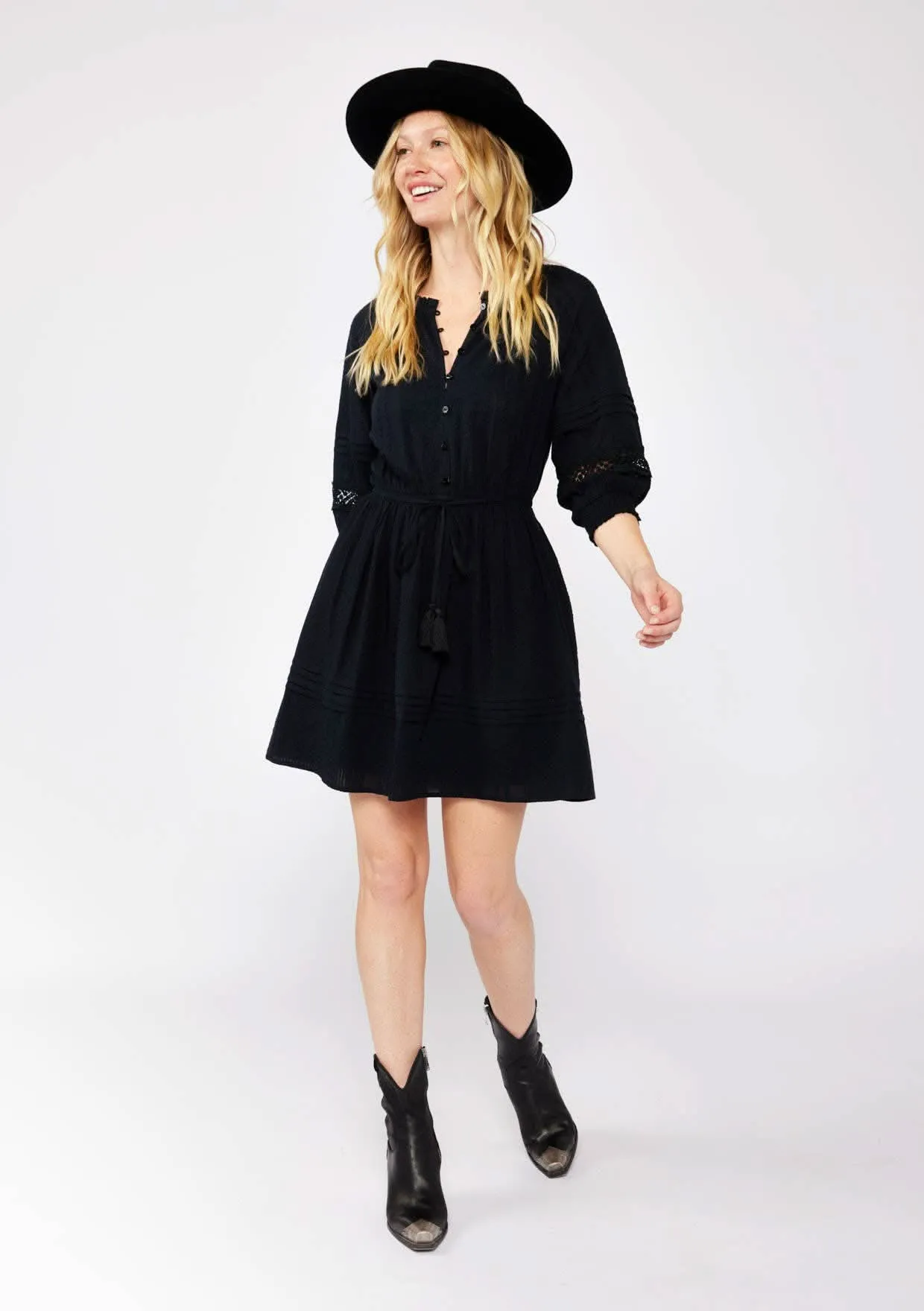 Black Ruffle Neck Mini Dress with Lace