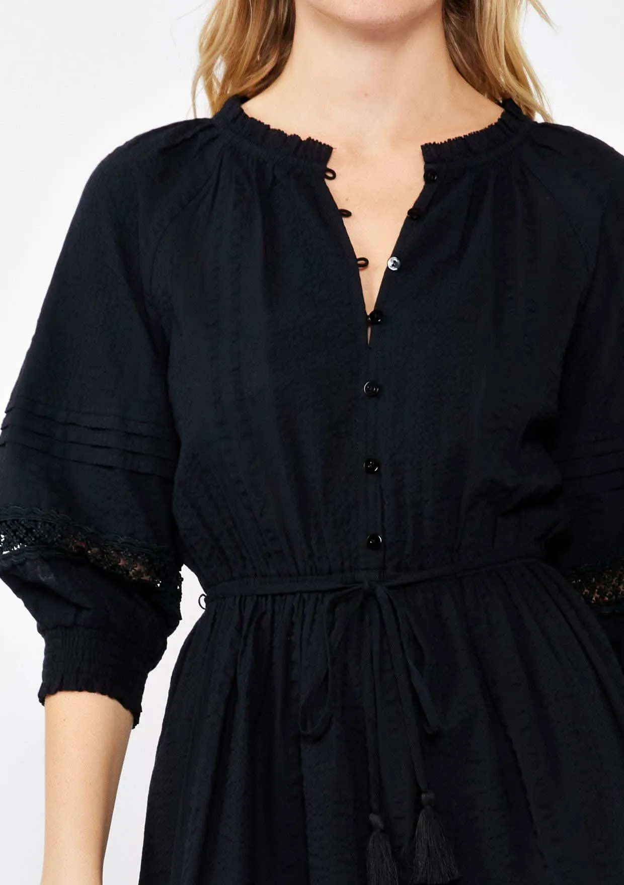 Black Ruffle Neck Mini Dress with Lace