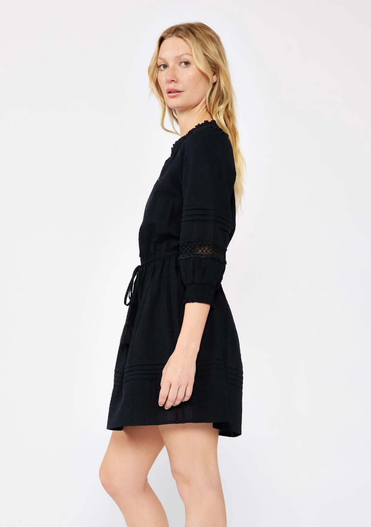 Black Ruffle Neck Mini Dress with Lace