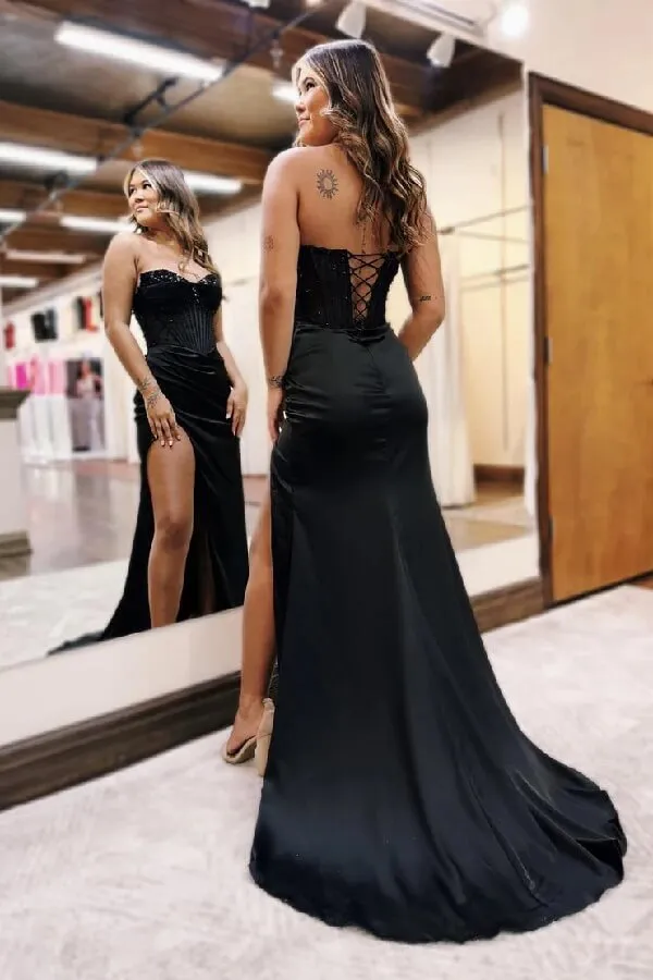 Black Satin Mermaid Sweetheart Beaded Long Prom Dresses With Slit, SLP049