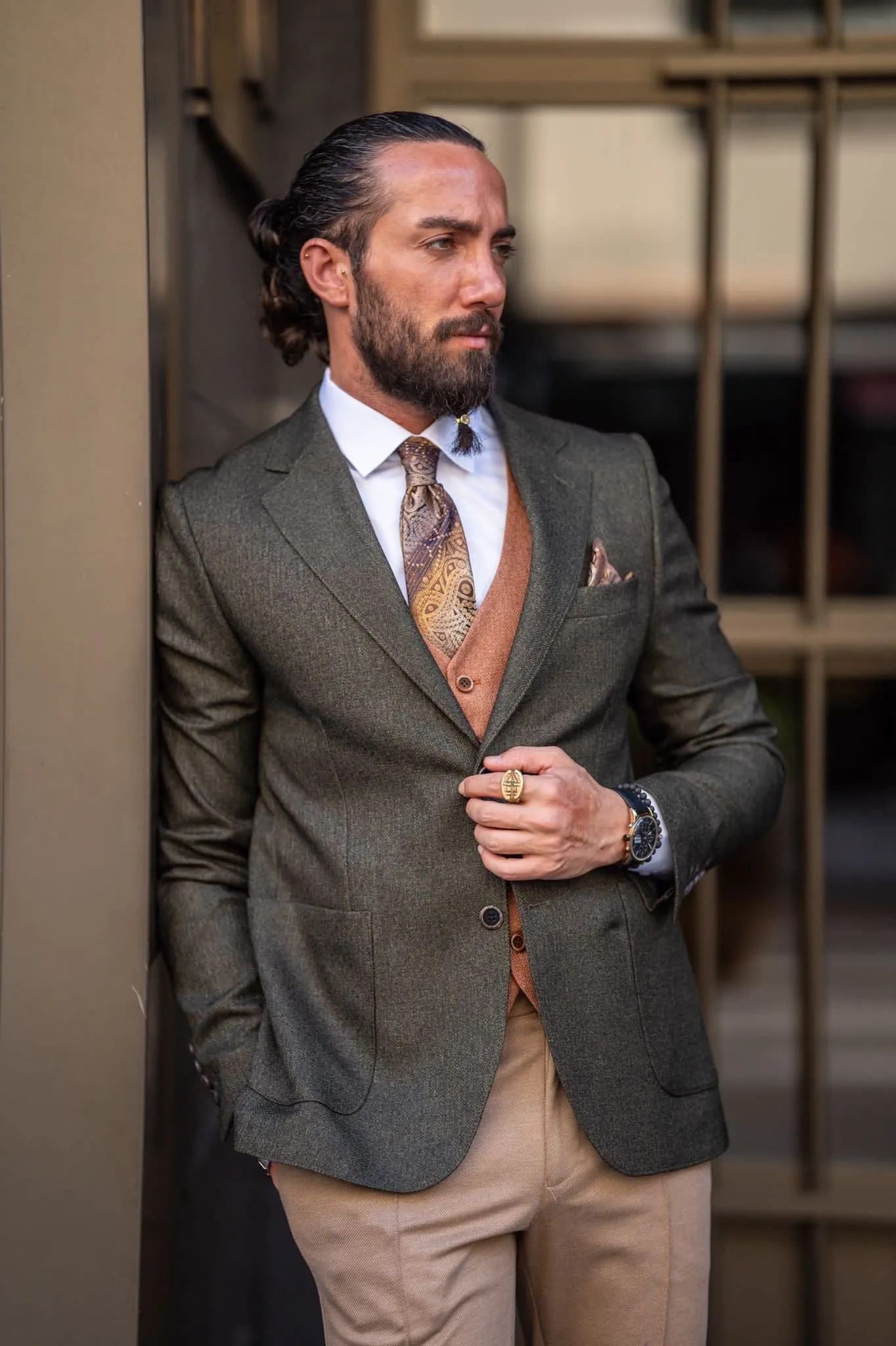 Bojoni Milford Khaki Slim Fit Notch Lapel 3 Piece Combination Suit
