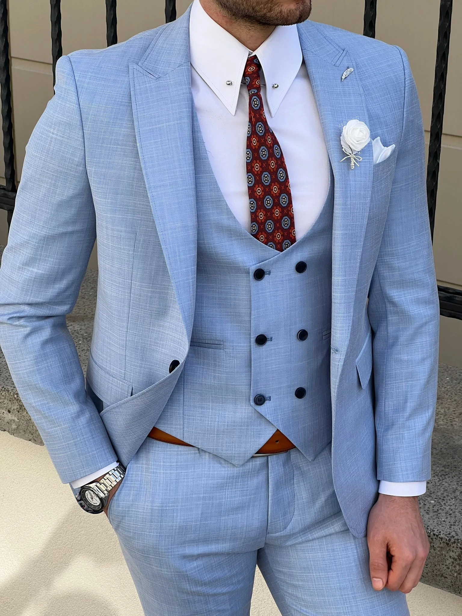 Bojoni Montebello Slim Fit Self-Patterned Wool Beige Suit