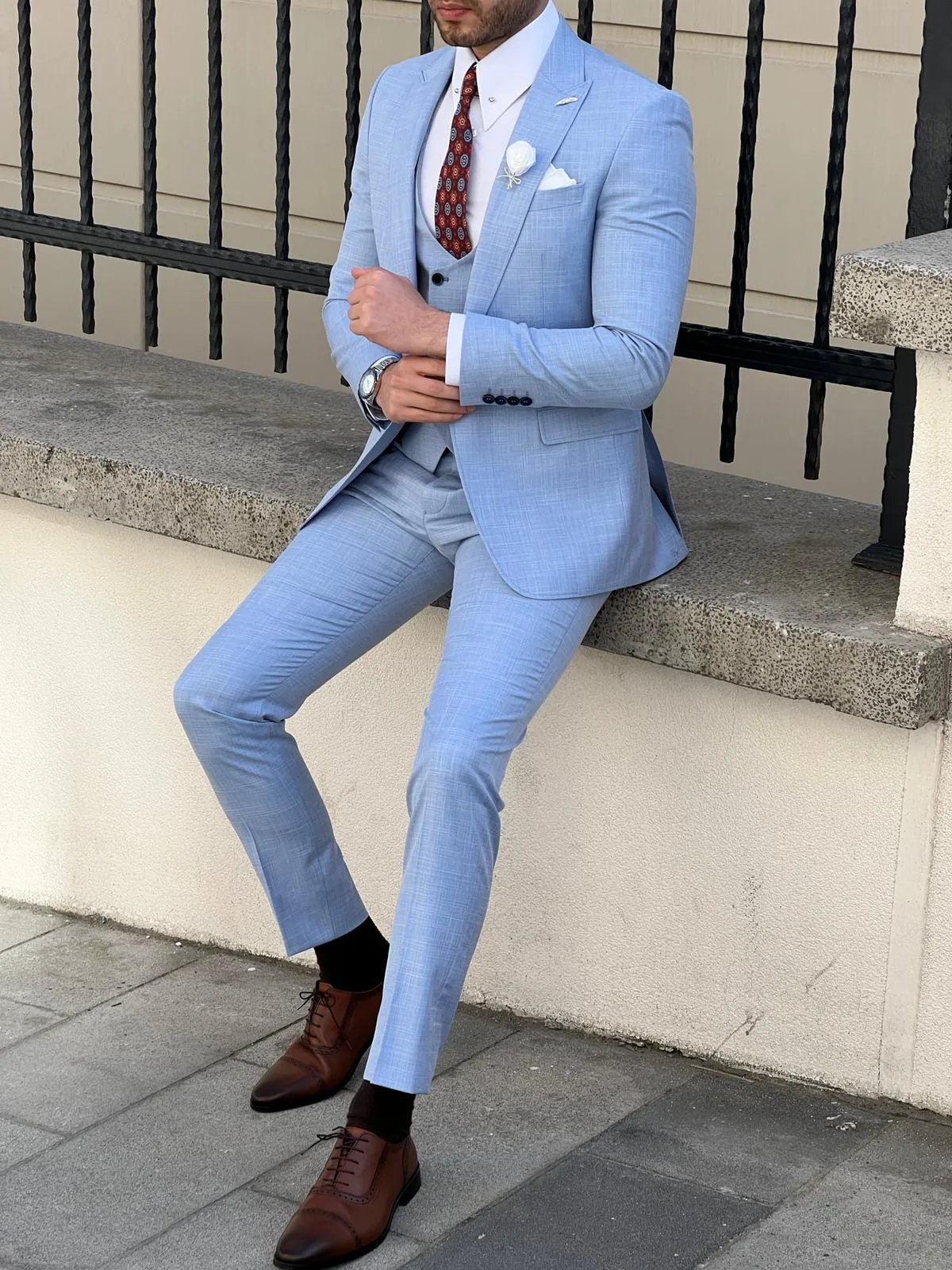 Bojoni Montebello Slim Fit Self-Patterned Wool Beige Suit