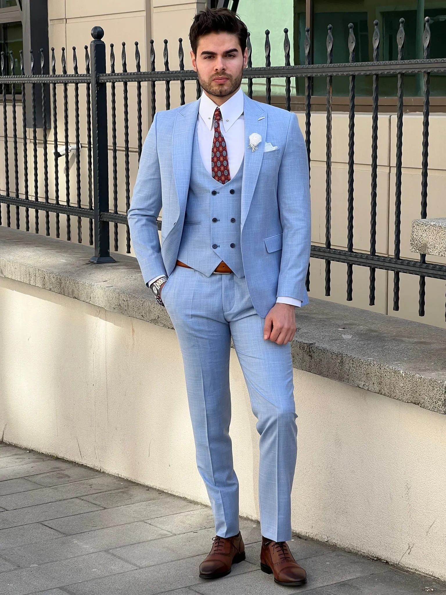 Bojoni Montebello Slim Fit Self-Patterned Wool Beige Suit