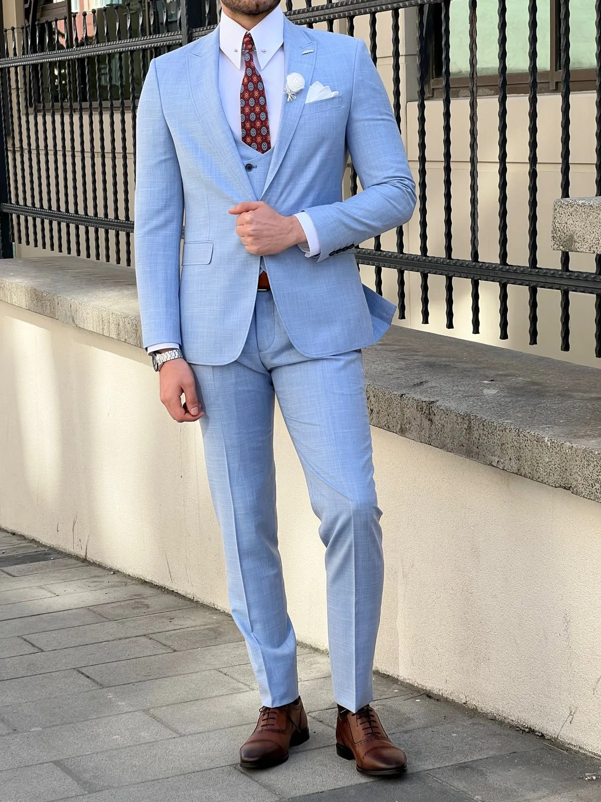 Bojoni Montebello Slim Fit Self-Patterned Wool Beige Suit