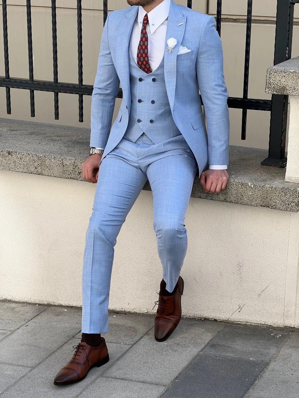 Bojoni Montebello Slim Fit Self-Patterned Wool Beige Suit
