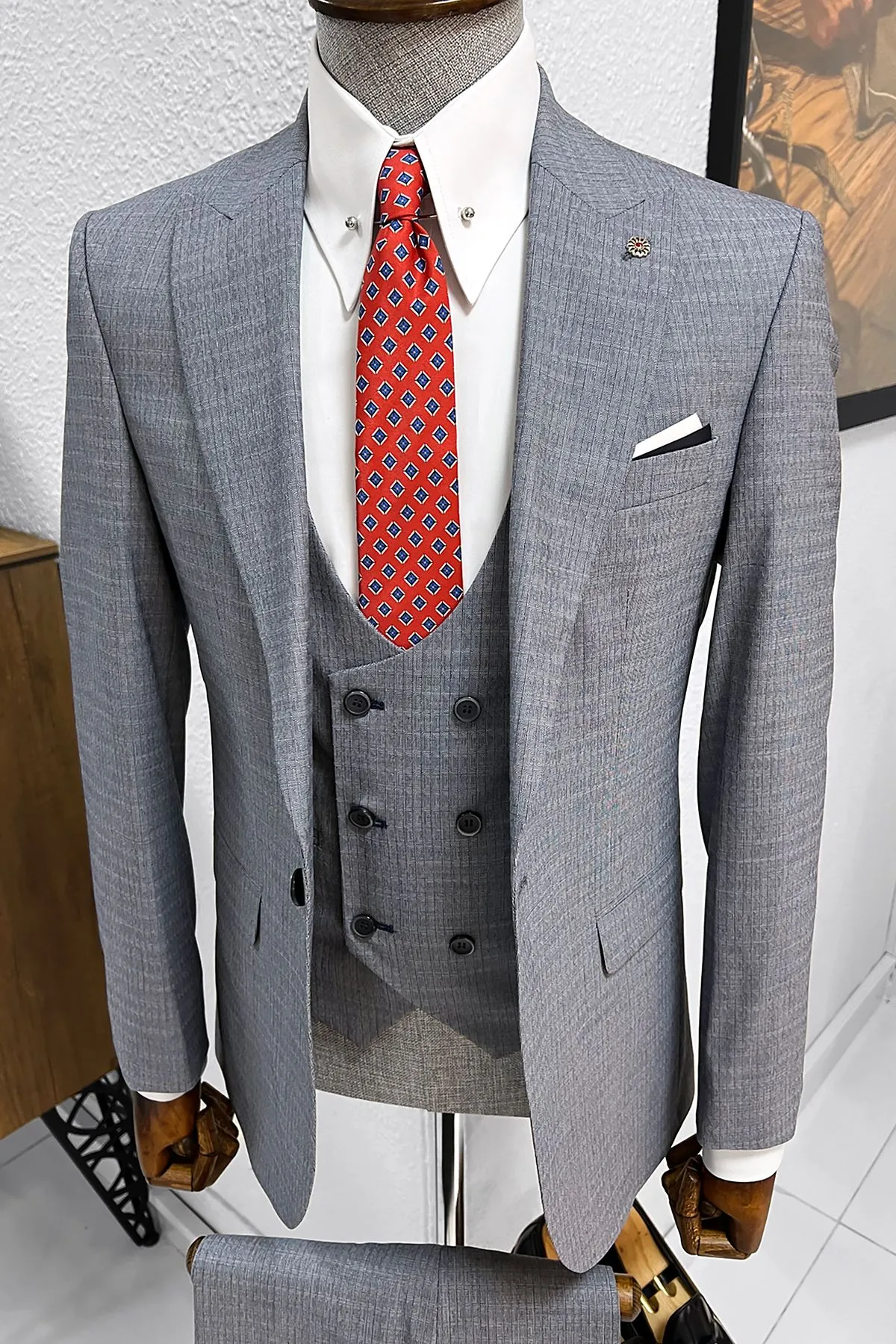 Bojoni Ravenna Slim Fit High Quality Grey & Navy Woolen Suit