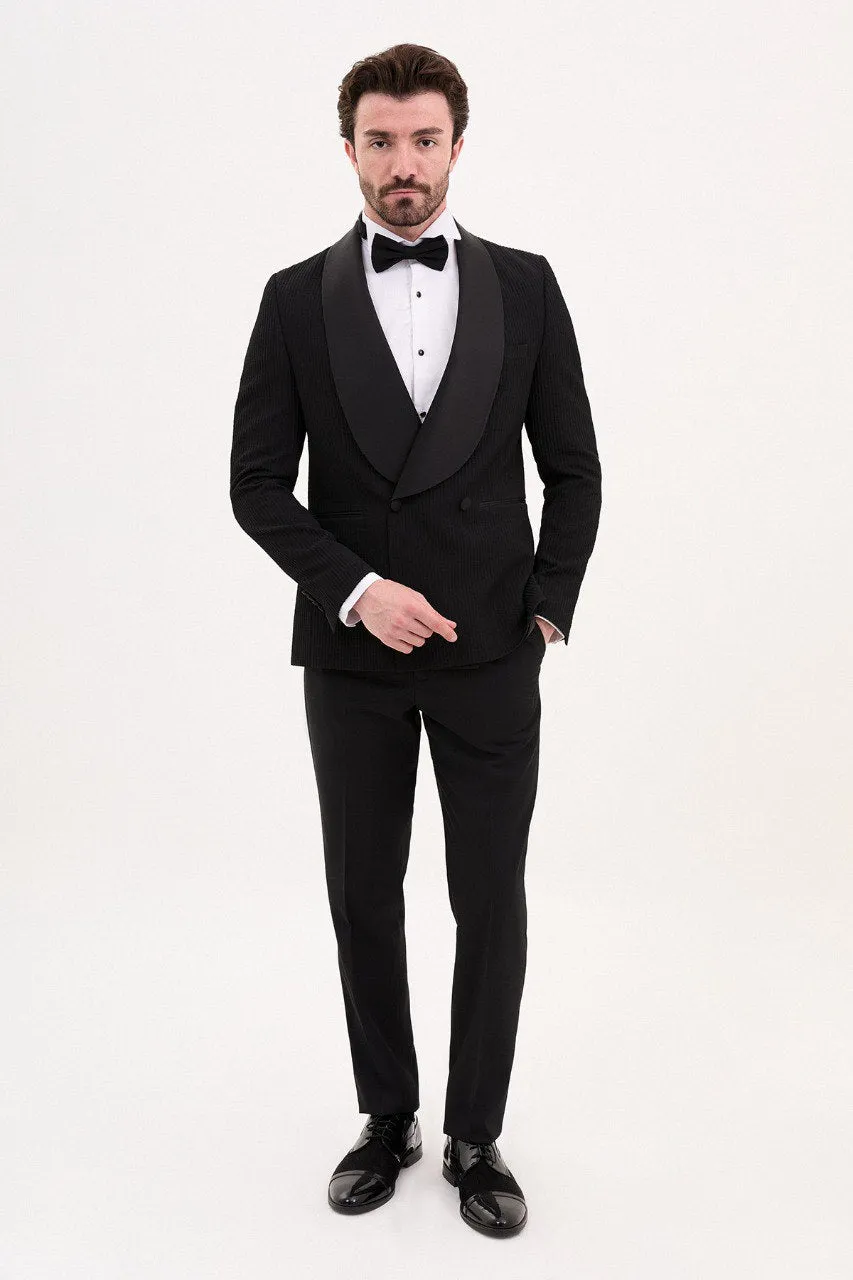 Bojoni Trivento Black Royal Slim Fit Shawl Collar Striped Suit Tuxedo