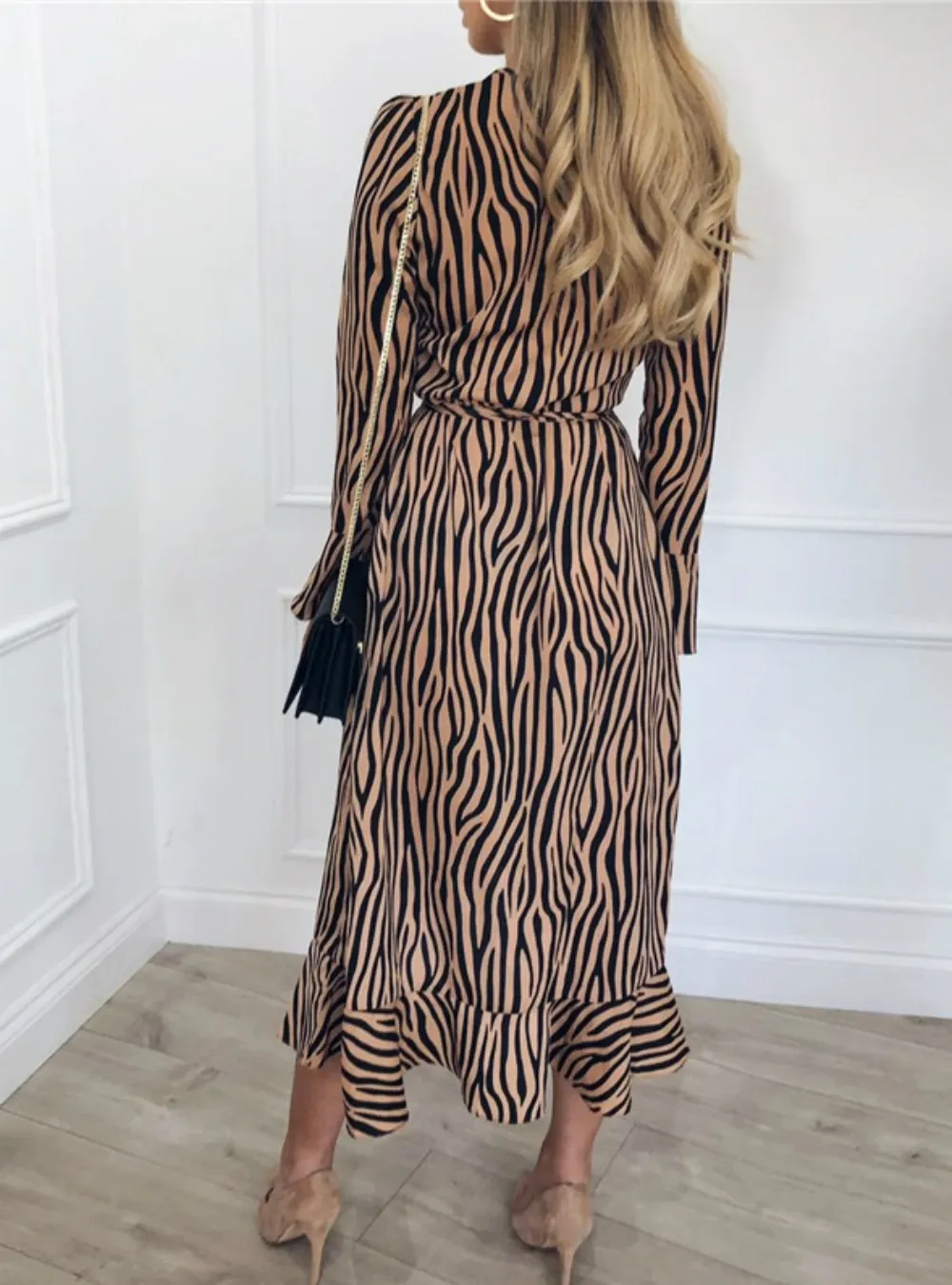 CASUAL LONG SLEEVE V NECK RUFFLES ELEGANT PARTY DRESS