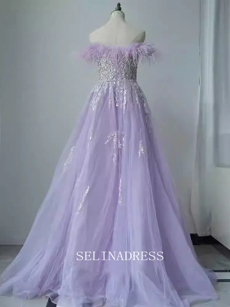 Chic A-line Off-the-shoulder Long Prom Dresses With Feather Beaded Elegant Evening Dress TKL3085