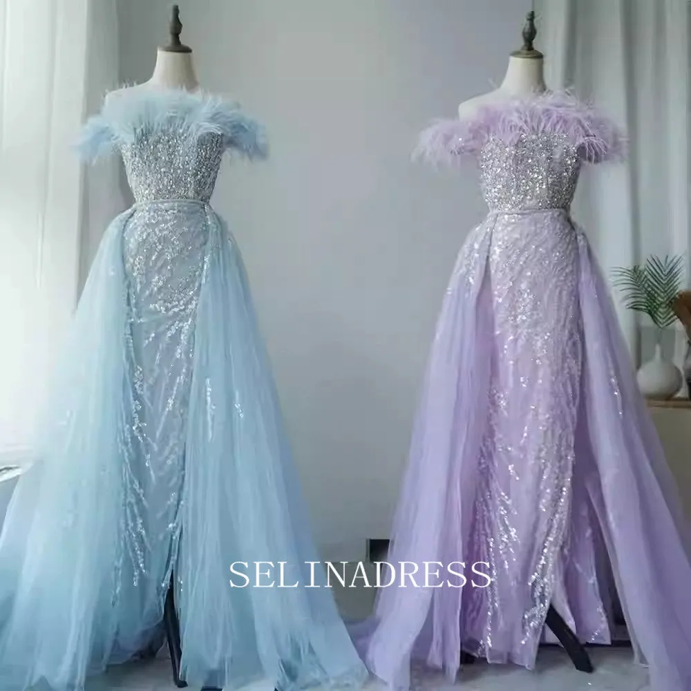 Chic A-line Off-the-shoulder Long Prom Dresses With Feather Beaded Elegant Evening Dress TKL3085