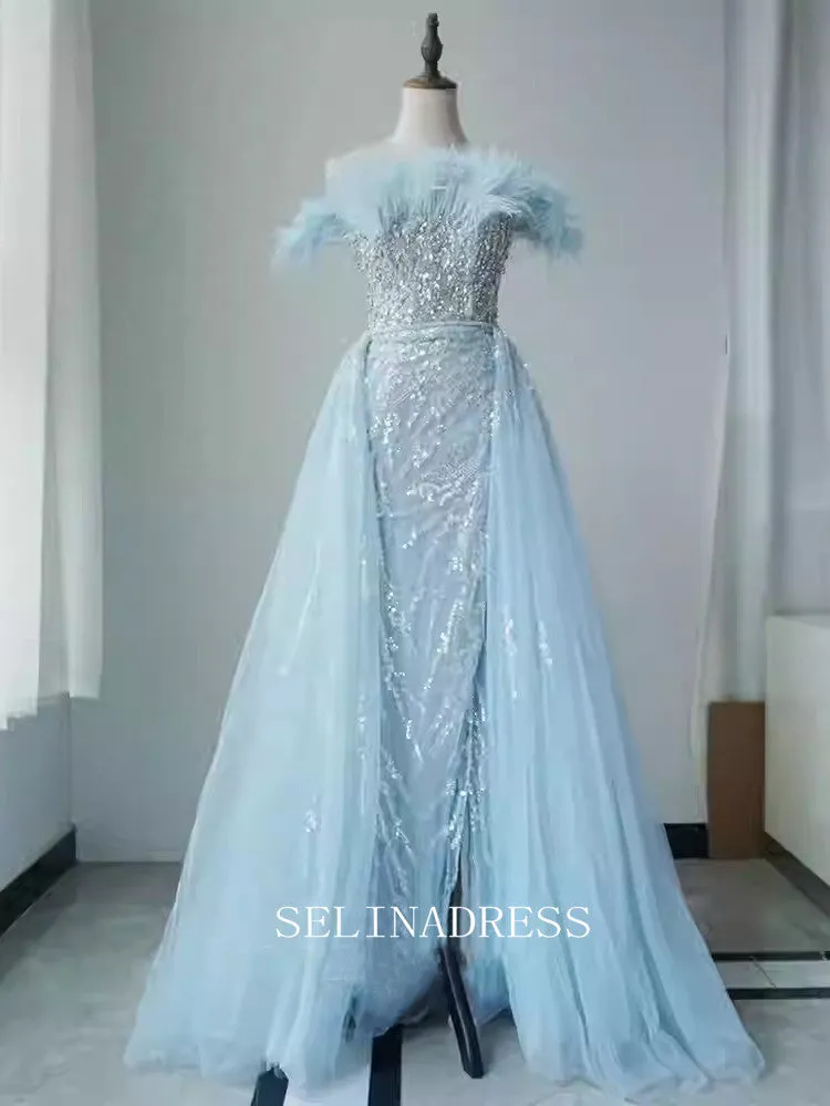 Chic A-line Off-the-shoulder Long Prom Dresses With Feather Beaded Elegant Evening Dress TKL3085