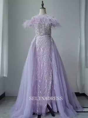Chic A-line Off-the-shoulder Long Prom Dresses With Feather Beaded Elegant Evening Dress TKL3085
