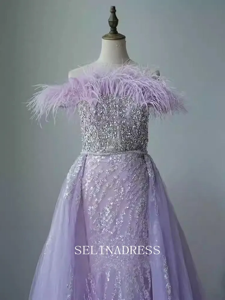 Chic A-line Off-the-shoulder Long Prom Dresses With Feather Beaded Elegant Evening Dress TKL3085