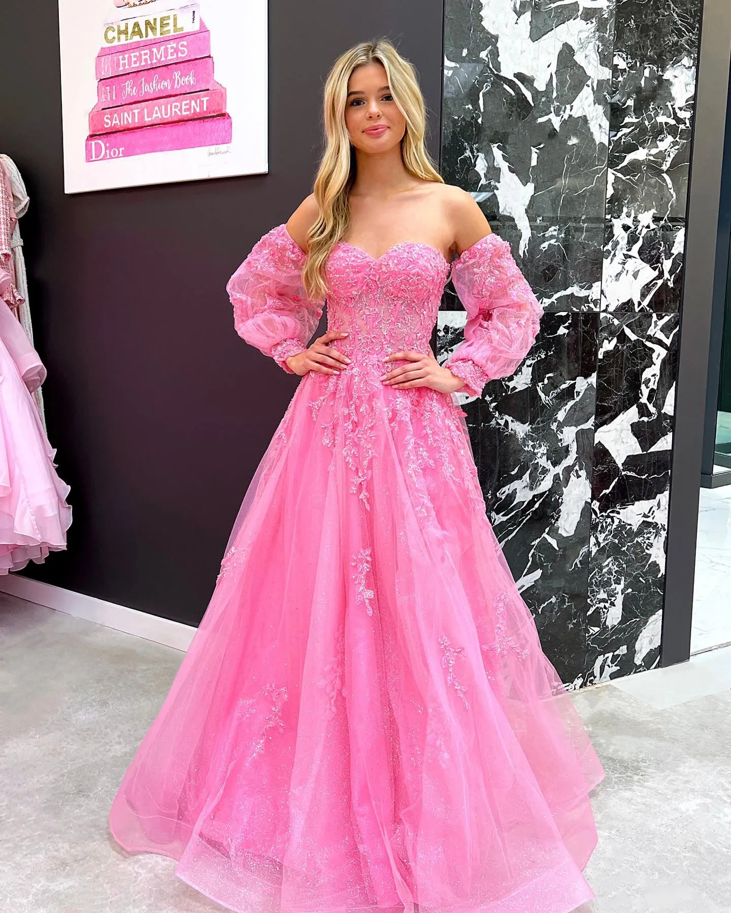 Chic A-line Sweetheart Black Long Prom Dress Long Sleeve Elegant Evening Party Dress #JKSS614