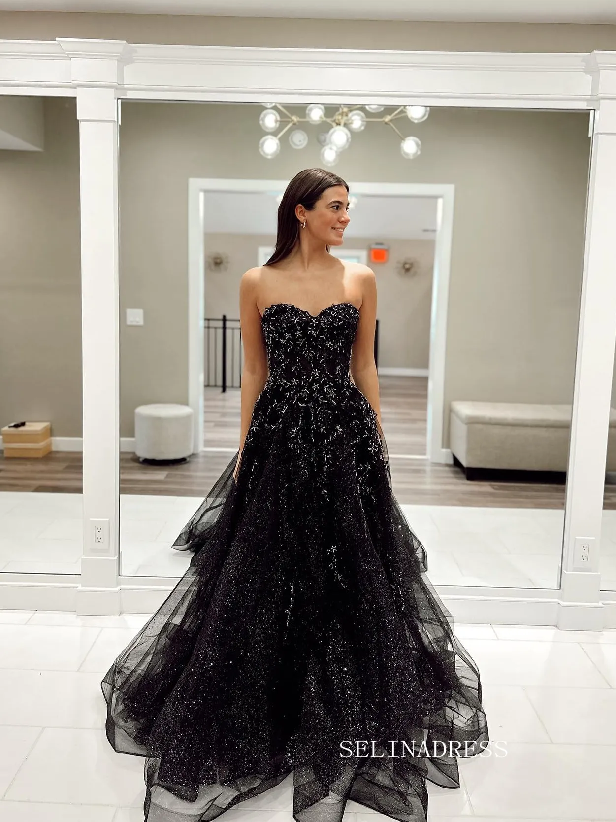 Chic A-line Sweetheart Black Long Prom Dress Long Sleeve Elegant Evening Party Dress #JKSS614