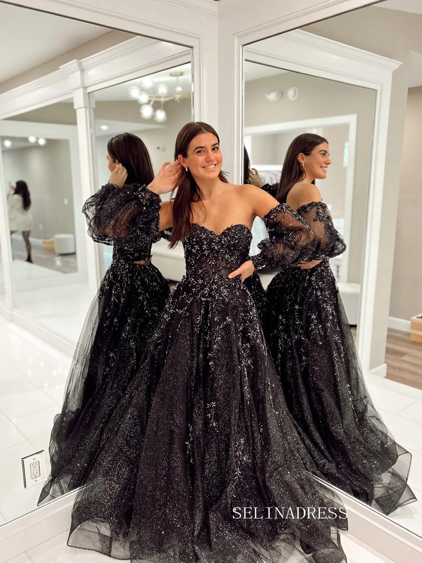 Chic A-line Sweetheart Black Long Prom Dress Long Sleeve Elegant Evening Party Dress #JKSS614