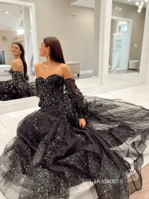 Chic A-line Sweetheart Black Long Prom Dress Long Sleeve Elegant Evening Party Dress #JKSS614