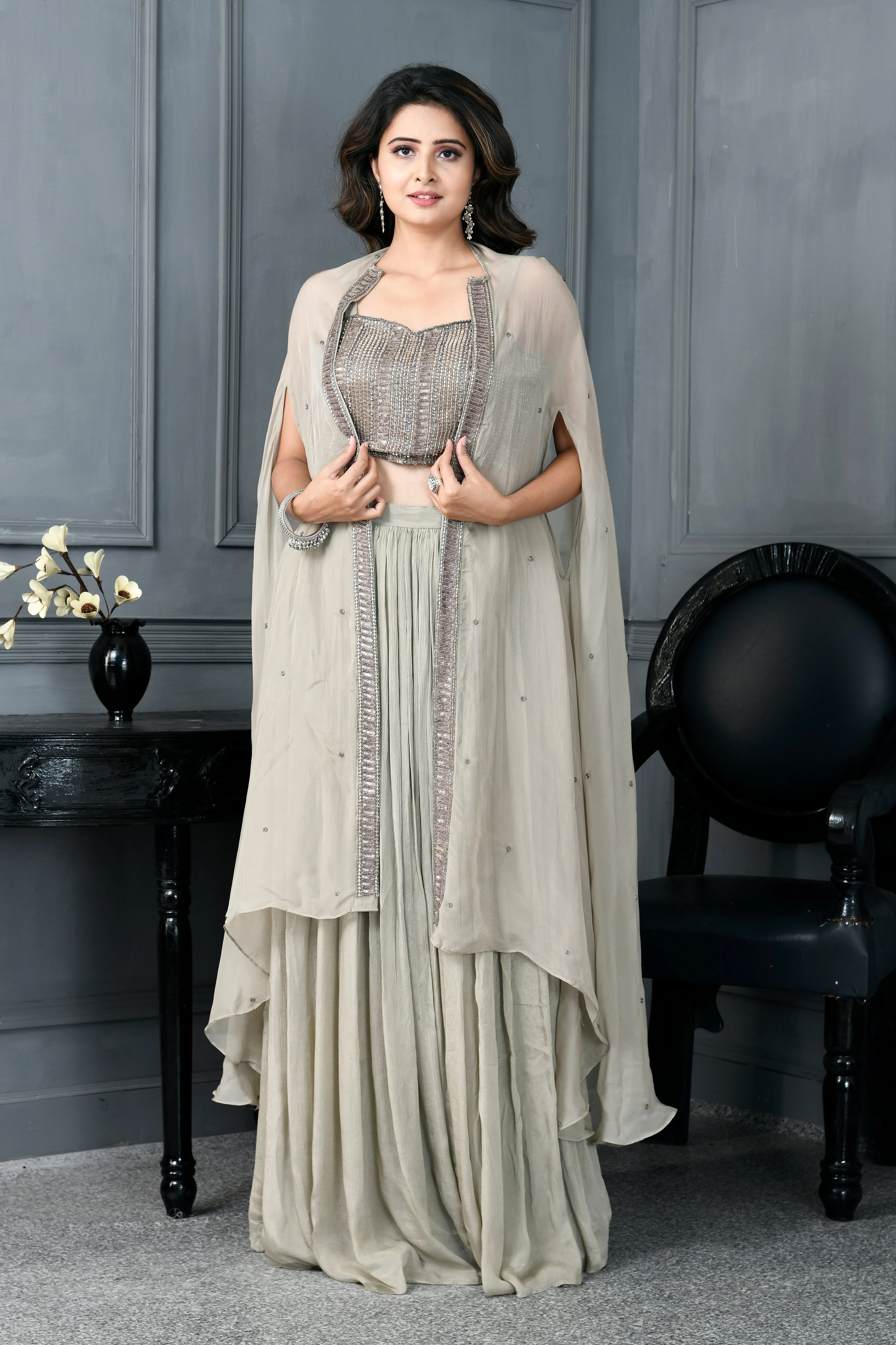 Chinon Blouse and Skirt with Cutdana Work and Jacket
